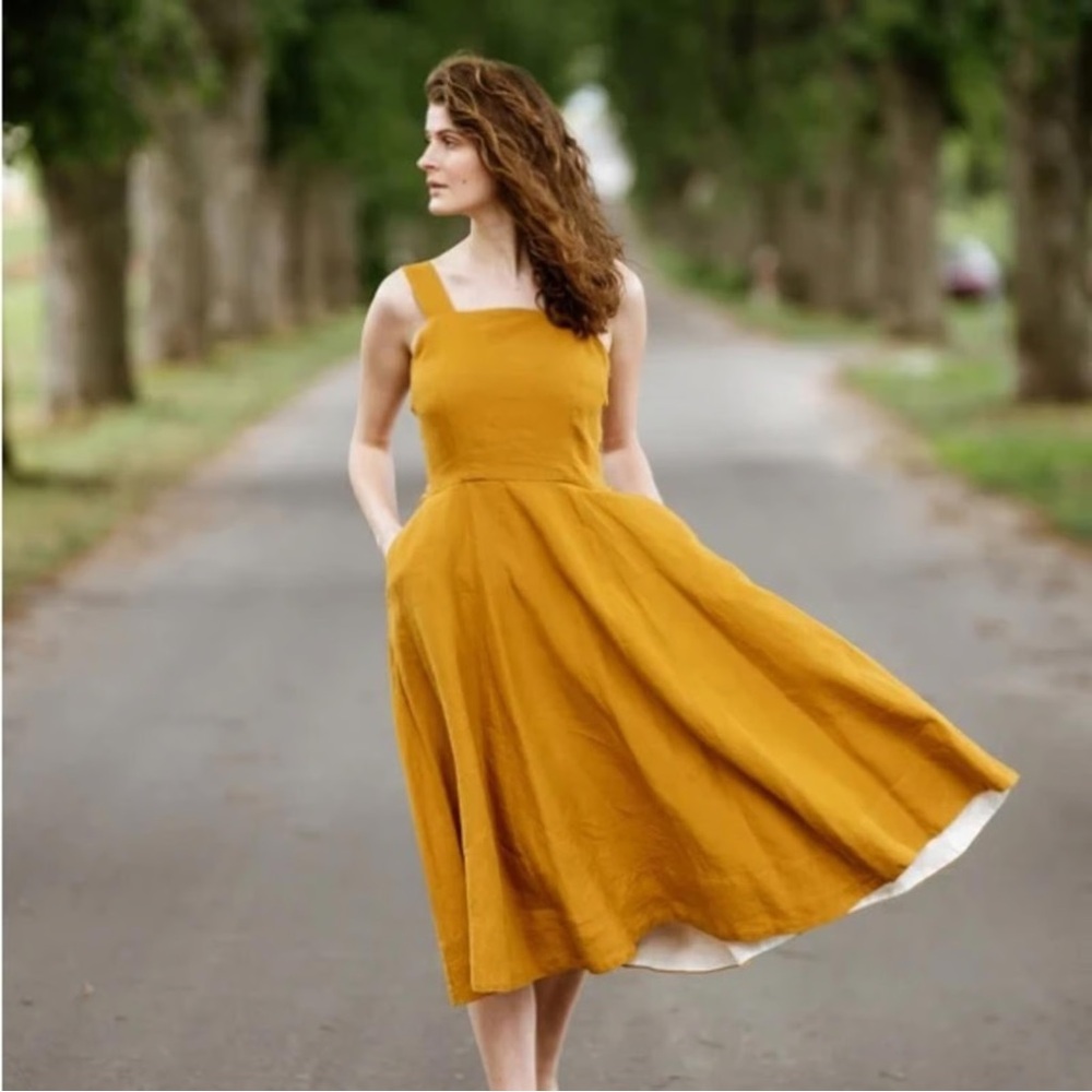 SOLD Son de Flor Pinafore Linen Dress Marigold Size Small